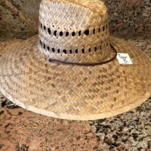 Straw hat with neck cord and can be worn two different ways